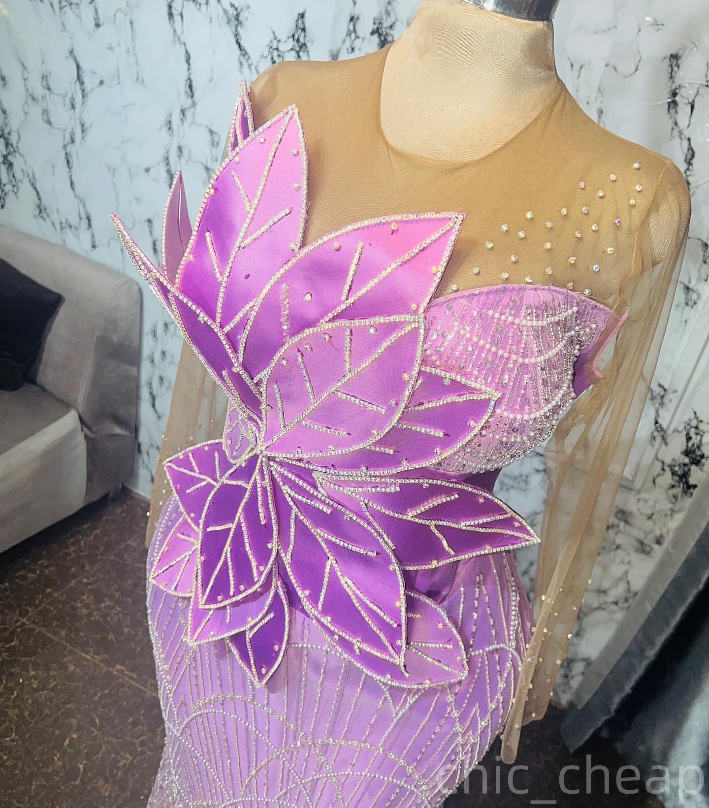 Lilac Sheath Prom Dresses 2025 Florals Crystals Sheer Neck Evening Formal Party Second Birthday Engagement Gowns Plus Size Dress For Special Occasions