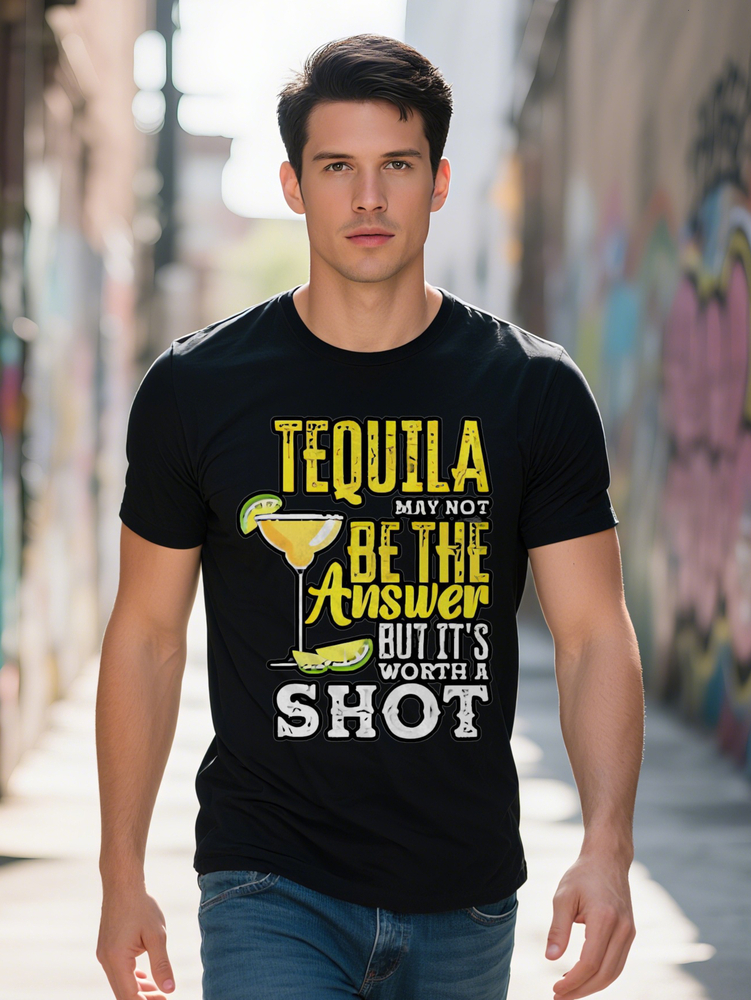 Men Casual Graphic T Shirt Tequila May Not Be the Answer But It s Worth a Shot Print Black Crew Neck Short Sleeve 8e510