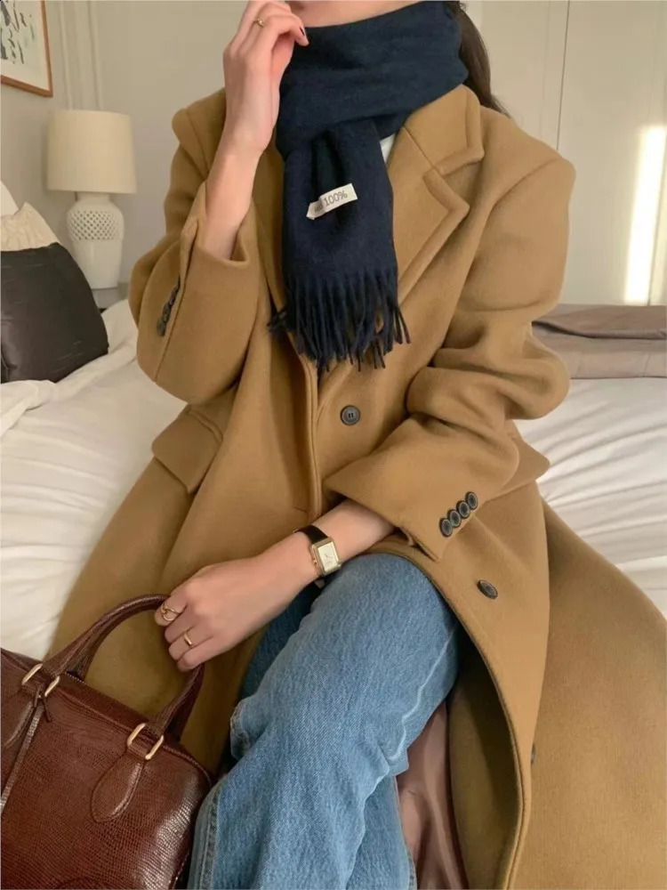 Autumn Winter Long Woolen Coats Women Elegant Single Breasted Commute Blazer Jacket Overcoat Korean Casual High Street Outerwear 250805