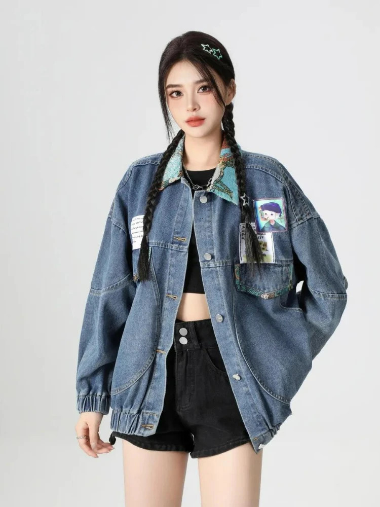 Womens Cartoon Cat Jacket 2025 Woman Lantern Bubble Sleeve Jackets Female Denim Coats Fashion Brand Jeans Jacket 250811
