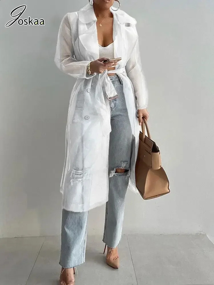 Joskaa Solid Organza See Through Lapel Full Sleeve Trench 2023 Summer Women Fashion Buttoned Coat with Belt Elegant Shirts 250805