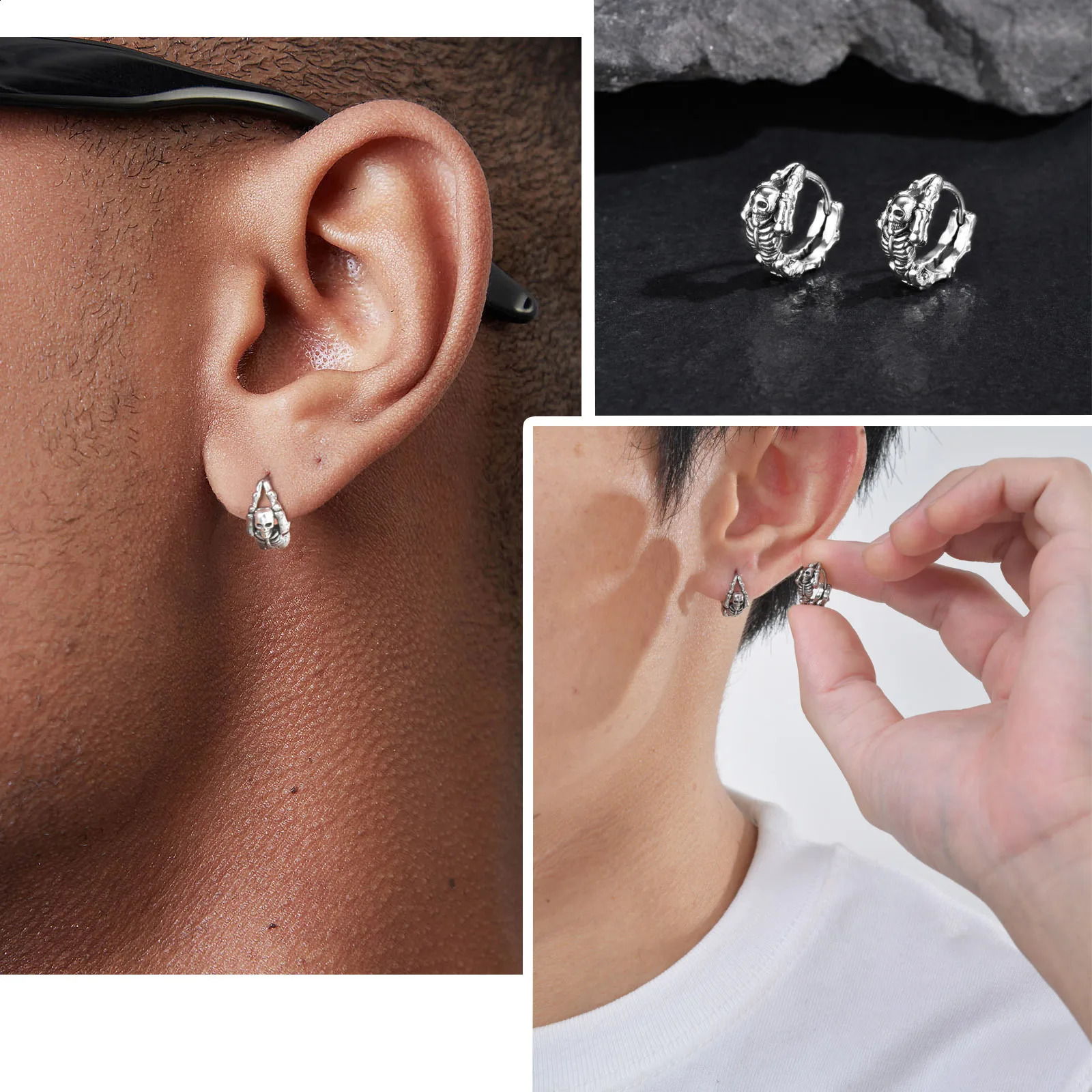 VNOX Stainless Steel Gothic Skull Skeleton Stud Earrings for Men Retro Vintage Jewelry for Halloween Biker Cocktail Party Gifts 250812