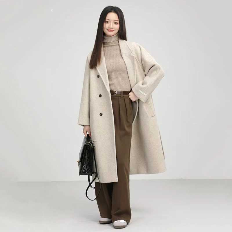 Winter Korean Women Faux Woolen Coats Harajuku Elegant Lapel Solid Belt Thick Long Coats Female Loose All Match Blends Outerwear Z250813