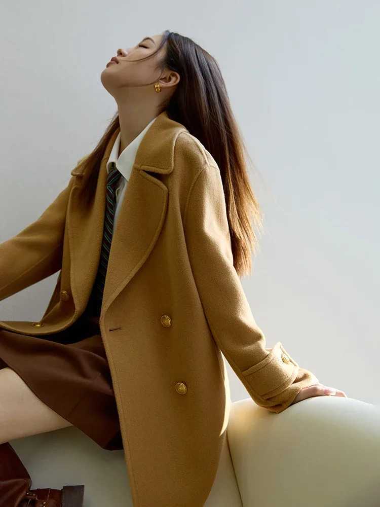 DUSHU Retro British Style One-Hand Length Double-Sided Woolen Coat for Women 2023 Winter New Solid Color 100% Wool Coats Female Z250813