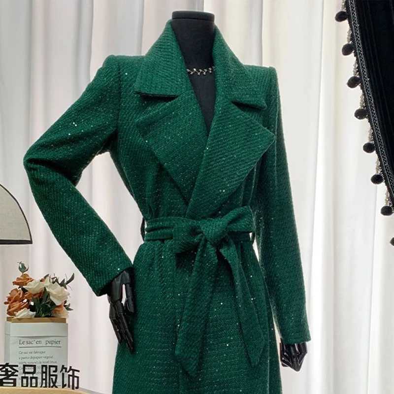 2025 New Fashion Lapel Women Woolen Coat Autumn Winter Temperament Green Korean Womens Woolen Coat H244 Z250813