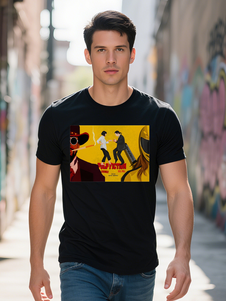 Men s Graphic Print T Shirt Black Round Neck Summer Tee with Vibrant Yellow Red Design Regular Fit Casual Attire
