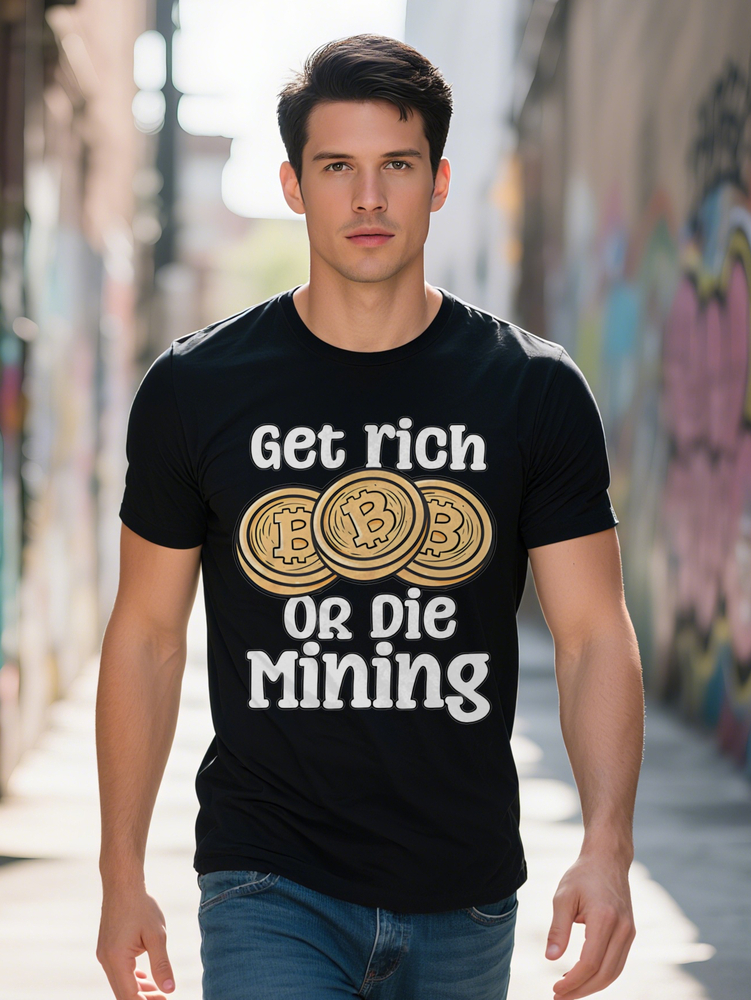 Men S Casual Crew Neck T-Shirt with Golden Coin Get Rich or Die Mining Print Perfect for Summer Everyday Tshirt 91155