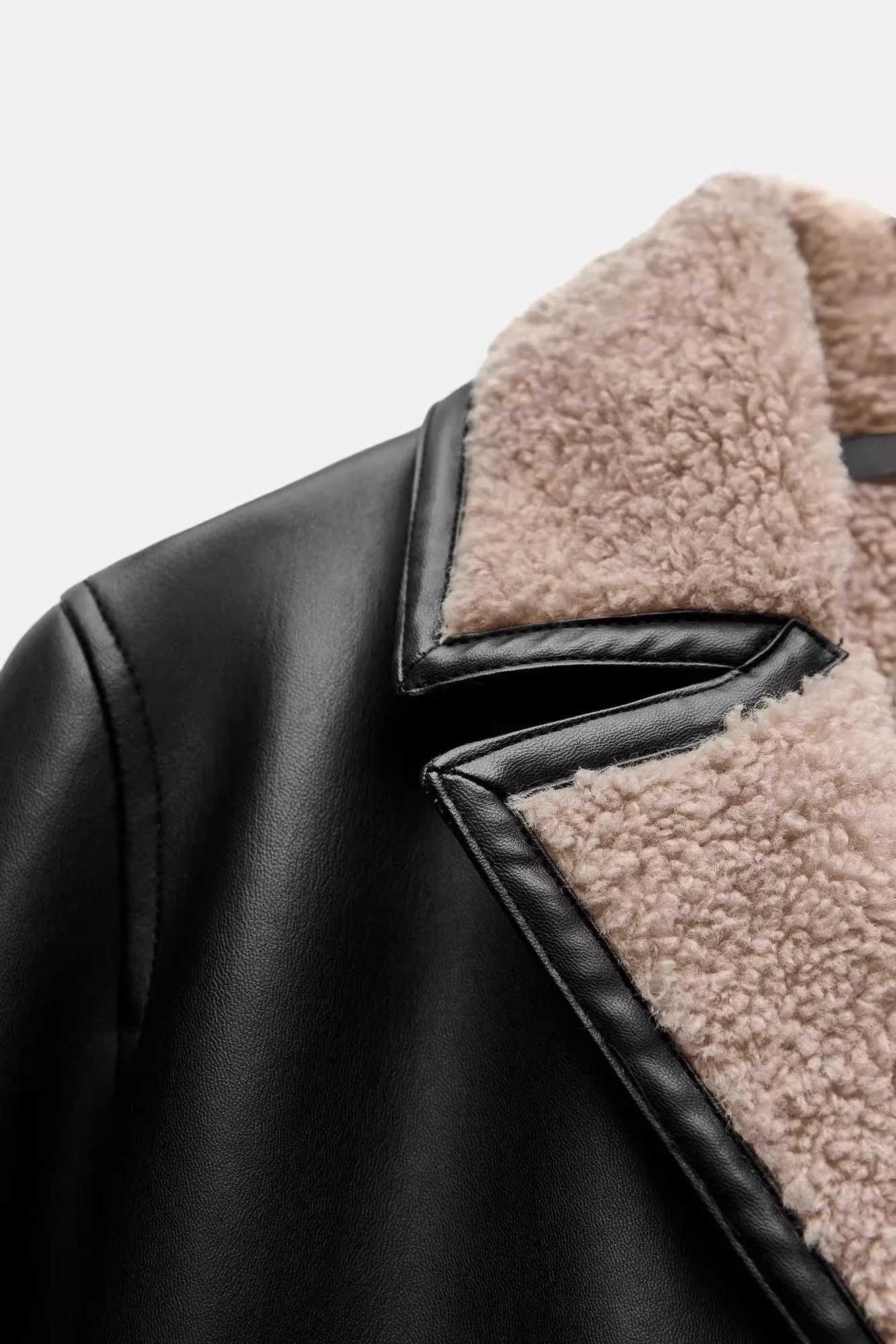 RARF Womens 2025 Winter New Womens Faux Leather Double-Breasted Long-Sleeved Lapel Contrasting Color Fleece Double-Sided Coat Z250813