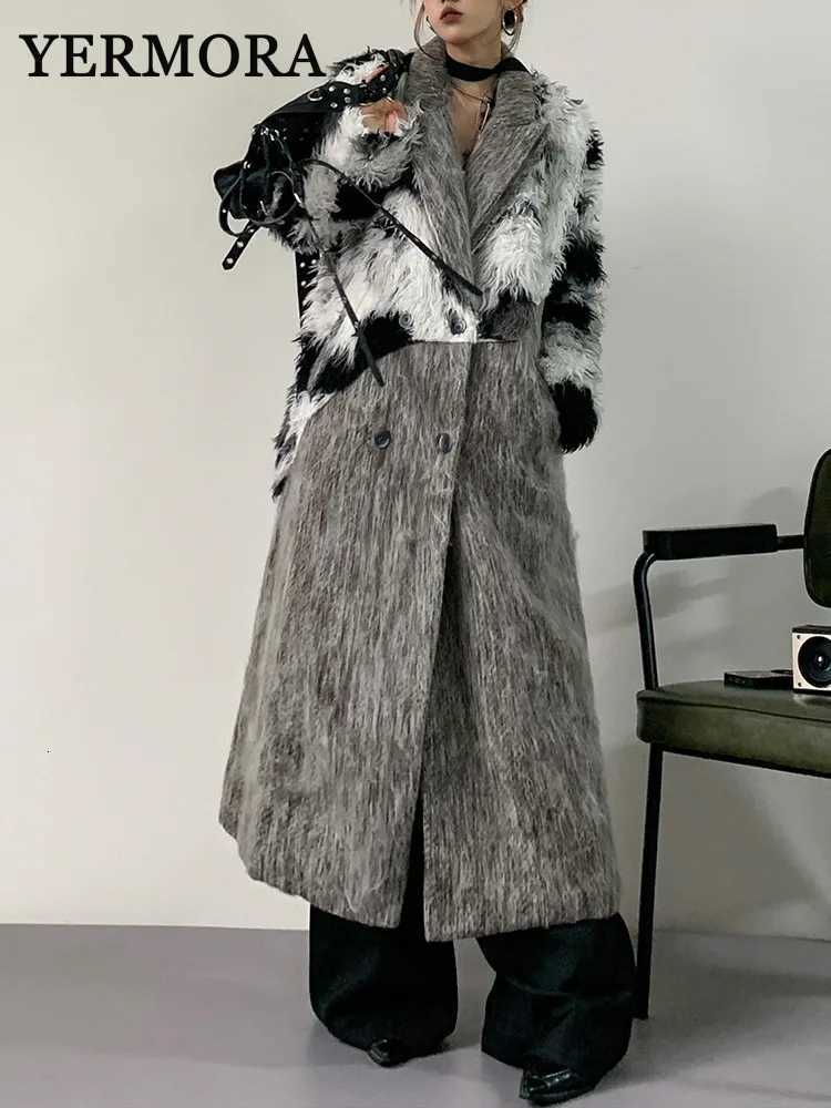 Yermora Gray Splice Irregular Fake Fur Woolen Coat for Women Lapel Long Sleeve Overcoat Fashion Tide Autumn Winter New 2024 Z250813