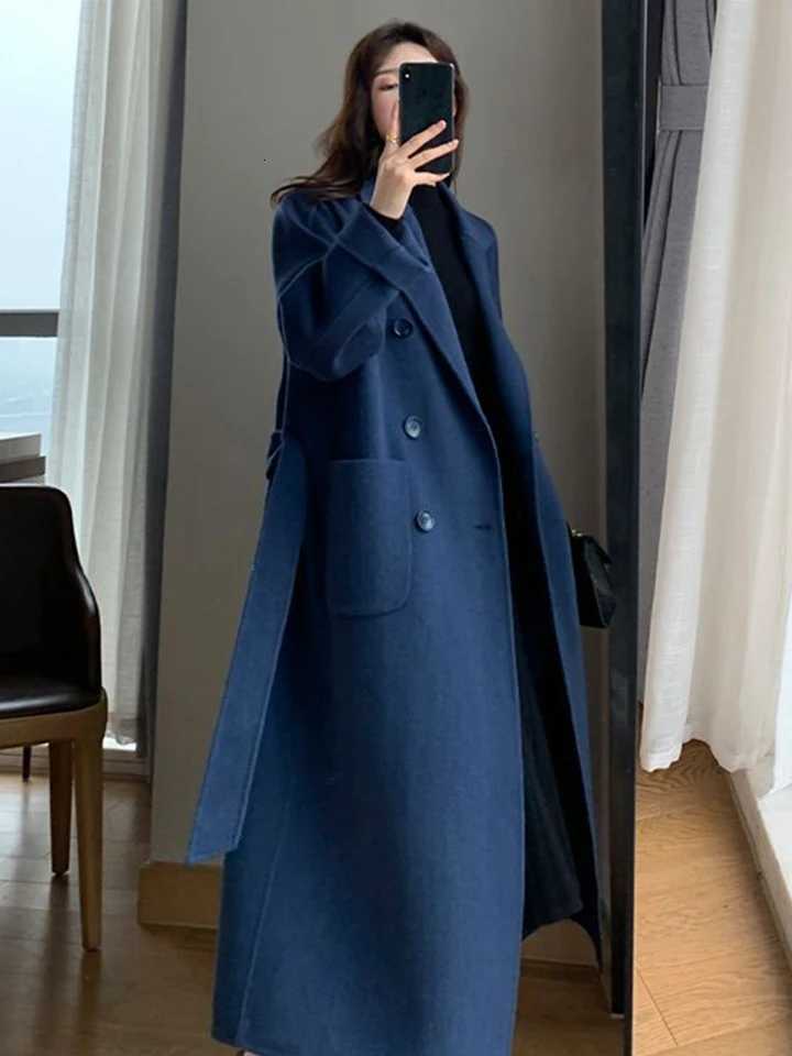3 Fashion Long Wool Coat Women Elegant Faux Wool Casual Belt Long Jacket Winter Office Lady Double Breasted Simple Outwear Z250813