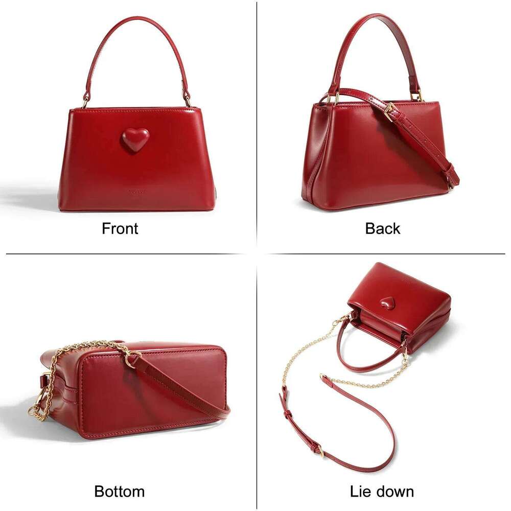 TOUTOU Women Handbag Cowhide Small Handheld Wedding Bride Daily Commuting Love One Shoulder Crossbody Red Bag Valentine Gift