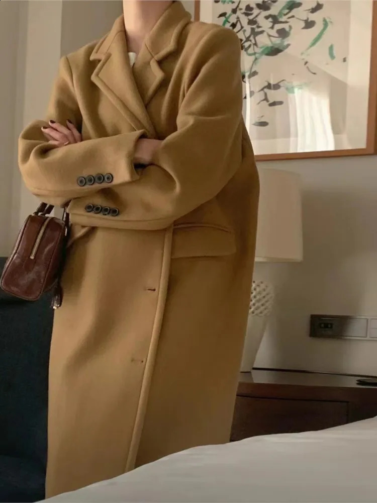 Autumn Winter Long Woolen Coats Women Elegant Single Breasted Commute Blazer Jacket Overcoat Korean Casual High Street Outerwear 250805