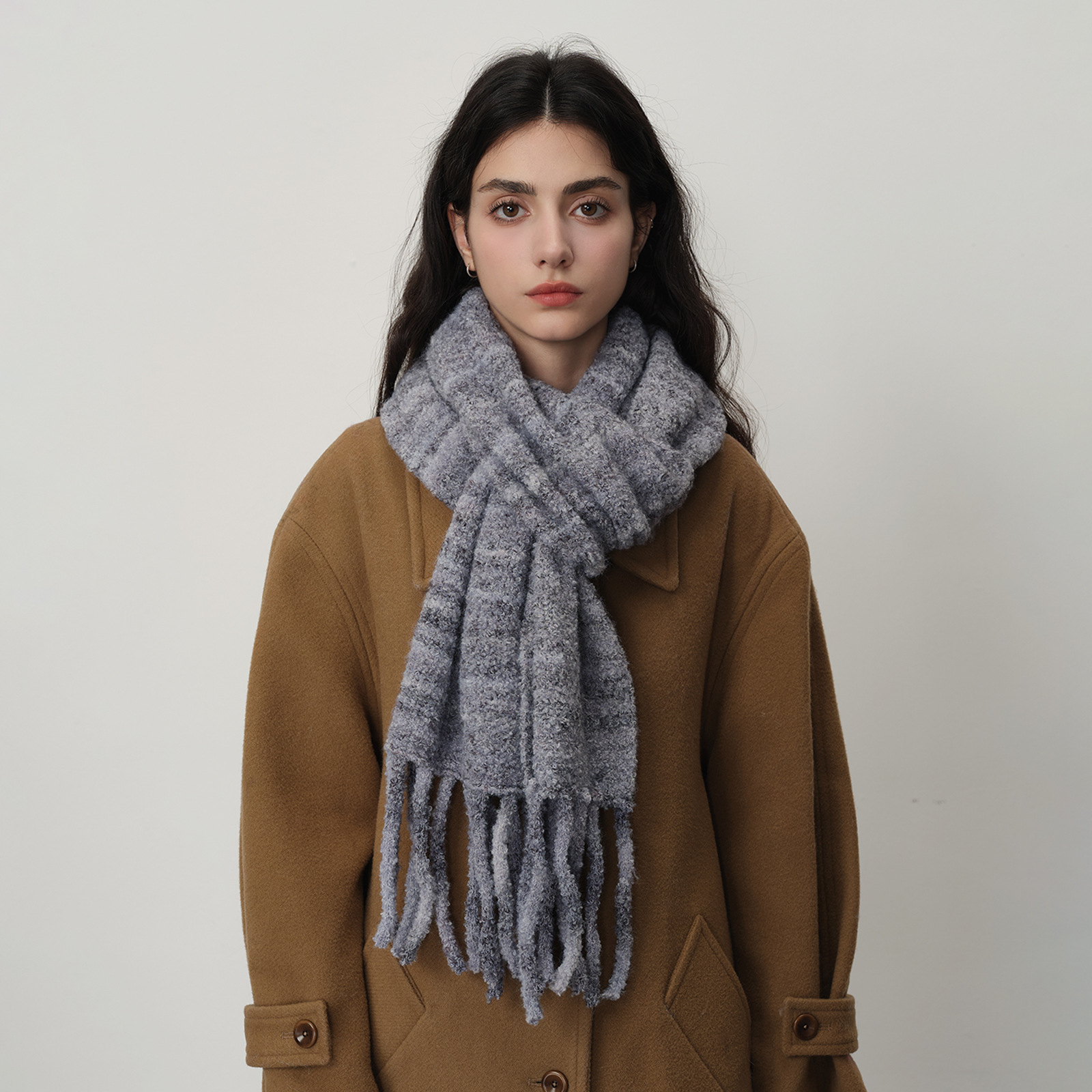 K1641 Homemade glacier blue wool tassel solid color knitted scarf for women winter warm atmosphere soft shawl neck