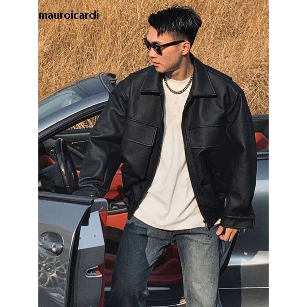 Mauroicardi Spring Cool Handsome Oversized Short Matte Black Pu Leather Jacket Men Zipper Pockets Loose Designer Clothes 20250810 250813