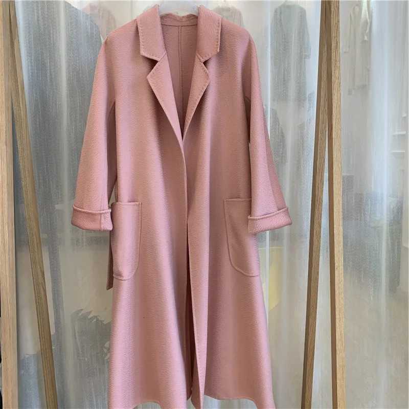 2023 Korean Women Handmade Corrugated Water Ripples Coat Double-sided Cashmere Wool Long Woolen Jacket Cashmere Coat Outerwear Z250813