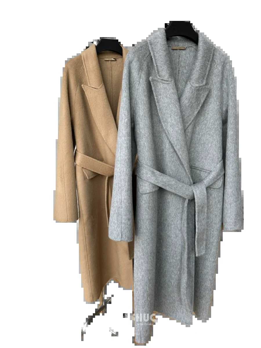 Korean Gray Double-sided Wool Cashmere Long Coat Suit Collar Lace Up Woolen Overcoat for Women in Winter and Autumn Z250813