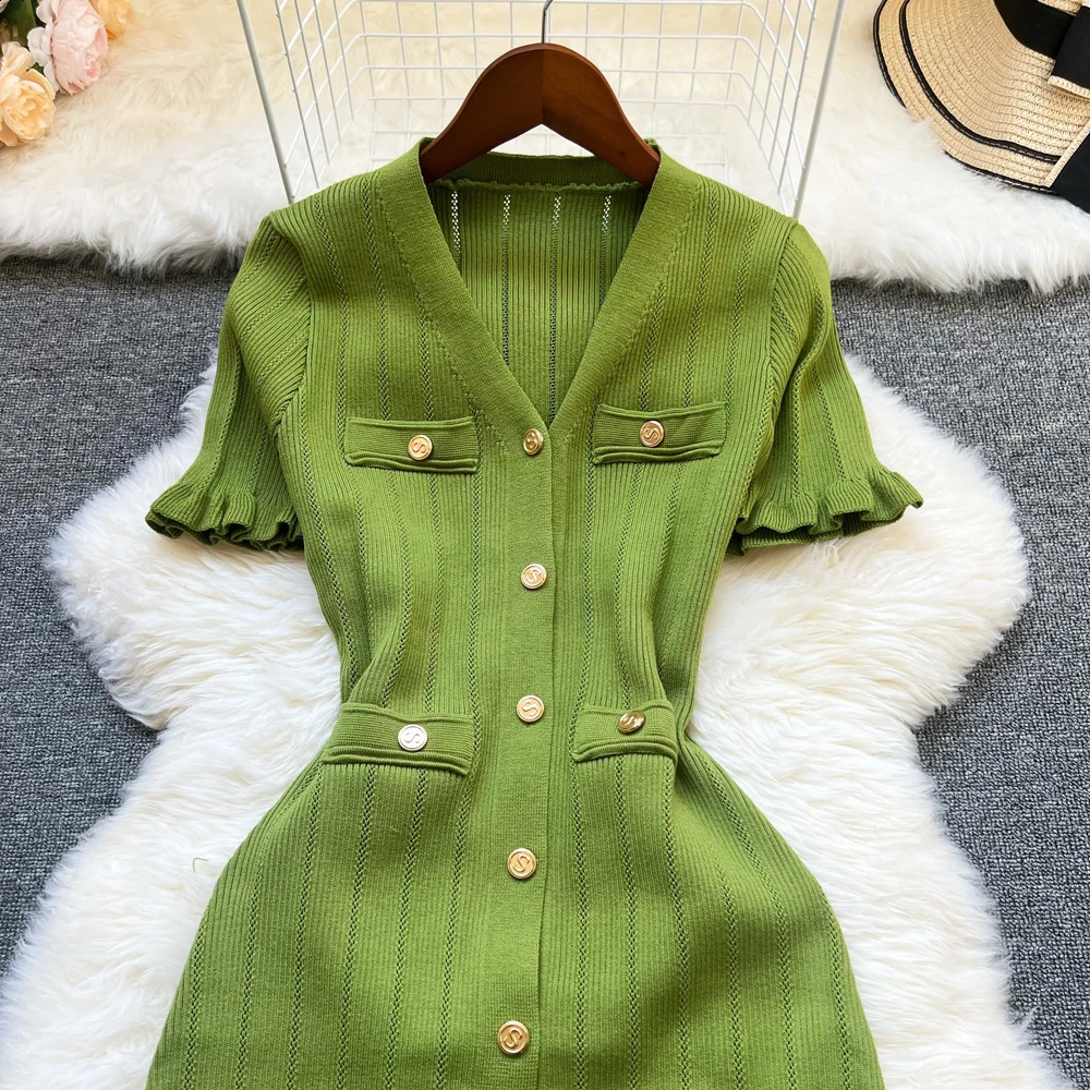 YuooMuoo Fashion Women Summer Knitted Long Dress Elegant French Style Single-breasted Sweater Dress Lady Office Vestiddos 250806