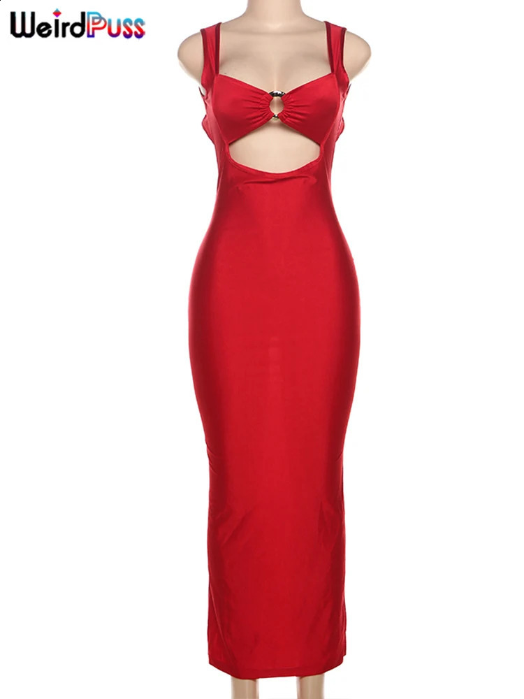 Weird Puss Sexy Backless Party Dress Hollow Skinny Sleeveless Low-Neck Ring Clasp Chic Birthday Banquet Rave Bodycon Vestidos 250806