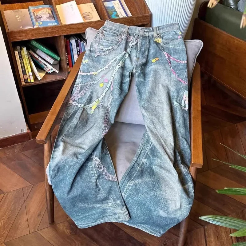 Casual American Hip-hop Washing Jeans Candy Chain 3D Printed Super Large Straight Wide-leg Pants Men Fashion Clothing Women 250812