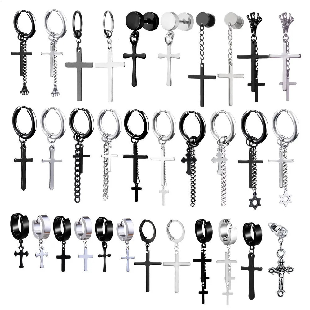 Punk Black Cross Stainless Steel Hoop Earrings For Women Men Fashion Vintage Chain Pendants Hip Hop Jewelry Earrings Wholesale 250812
