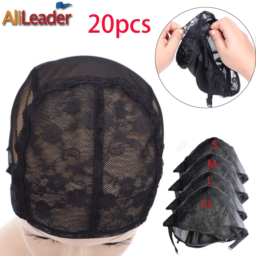 20Pcs XL/L/M/S Stretch Swiss Lace Wig Cap For Making Wigs With Adjustable Straps Black Hairnet Invisible Hair Nets For Wig 250812
