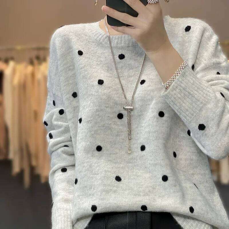 European Station 2022 New Goods Puffed Wool Sweater Women Polka Dot Round Neck Cashmere Pullover Long Sleeve Top Trend 250813