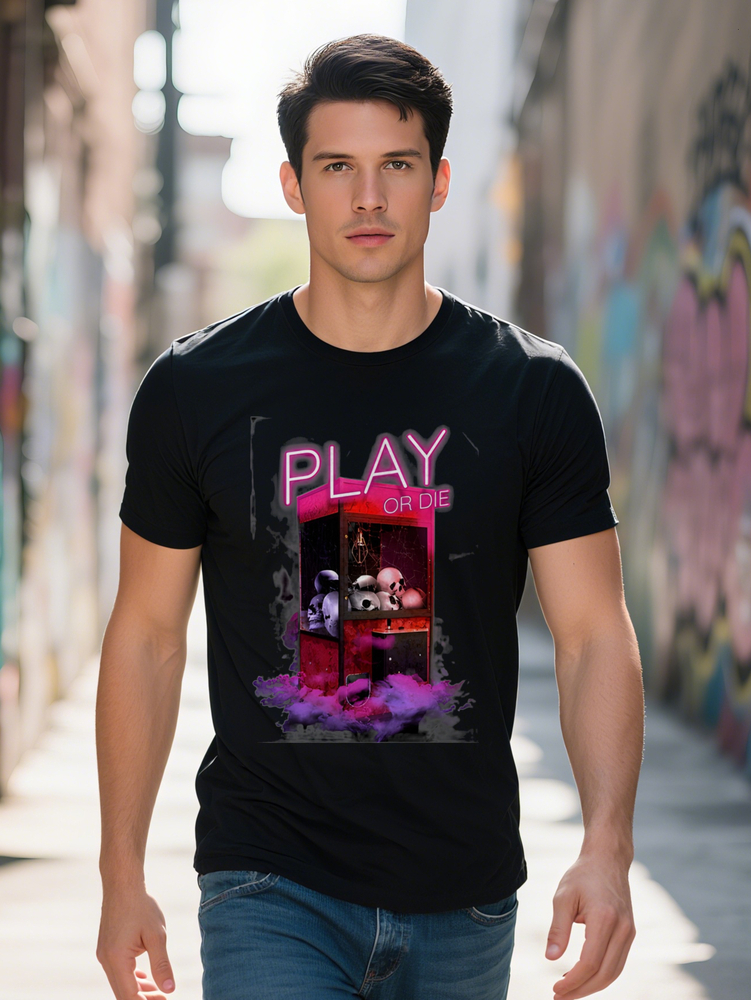 Men s Casual Graphic T Shirt with Neon PLAY OR DIE Print Retro Arcade Design Black Round Neck Summer Tee Gamer