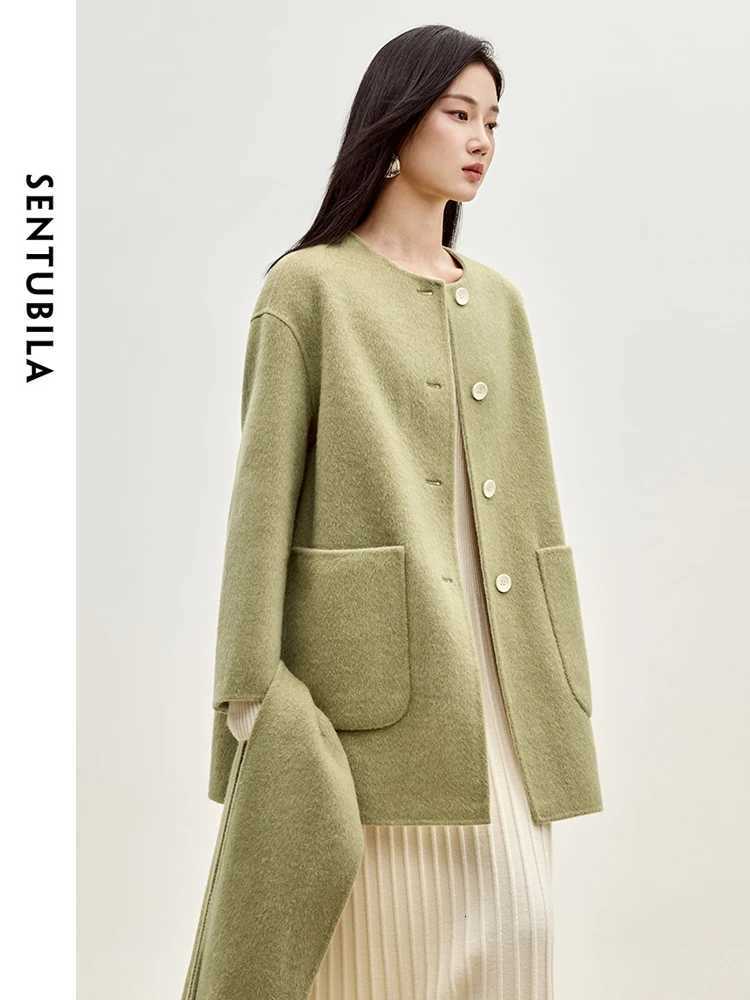 SENTUBILA 100% Wool Double Sided Woolen Coat 2024 Winter U Patch Pocket Tassel Scarf Single Breasted Elegant Coats W44O55981 Z250813