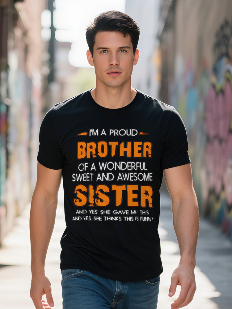 s Casual Graphic T-Shirt I am a Proud Brother Funny Print Black Crew Neck Tee Summer Essential for Men