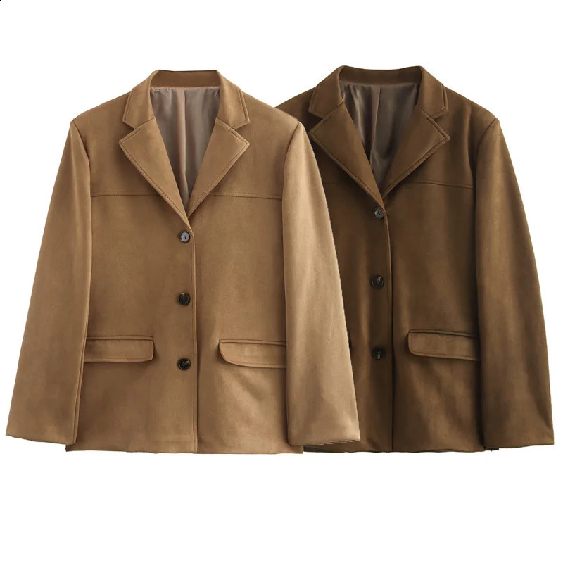 TRAF Womens Blazer Suede Jacket Spring Outerwears Brown Long Sleeve Blazer Vintage Solid Fitted Coat Old Money Jackets 066 250812