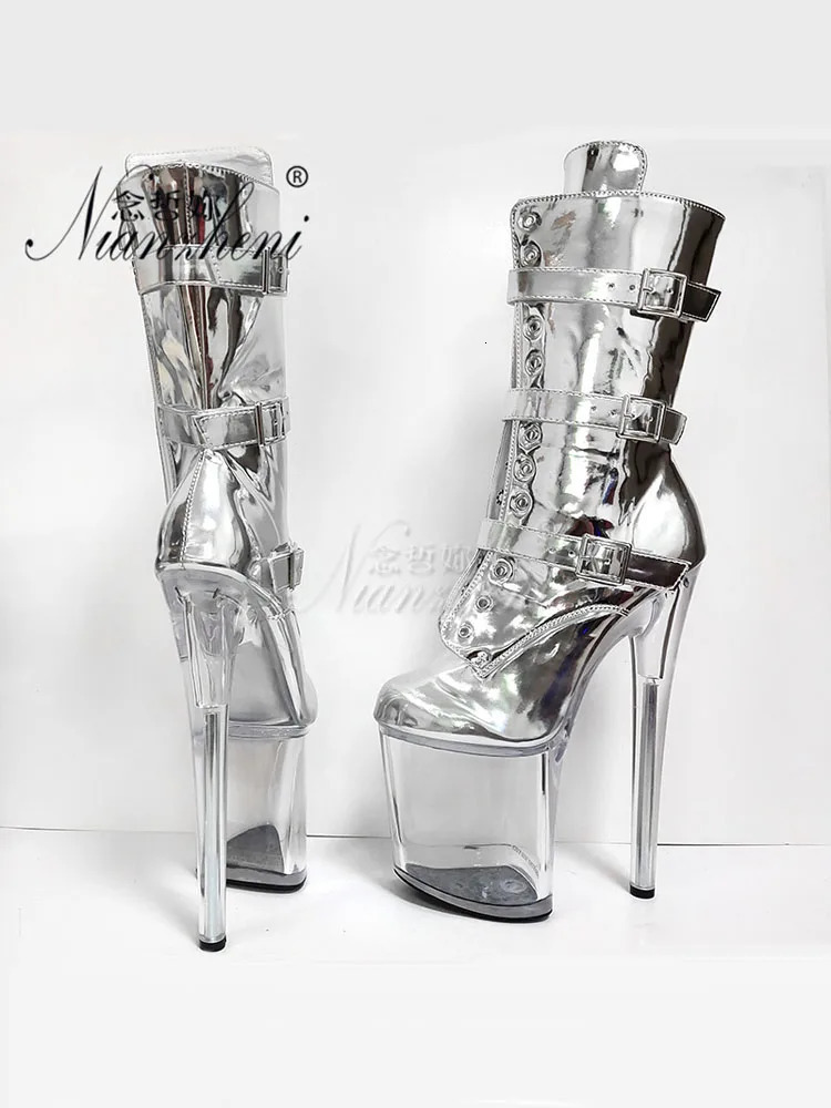 Stage Silver Shiny Surface Three-Piece Ankle Boots 20cm Crystal Catwalk Pole Dance Shoes Womens Gladiator Nightclub Round Toe 250812