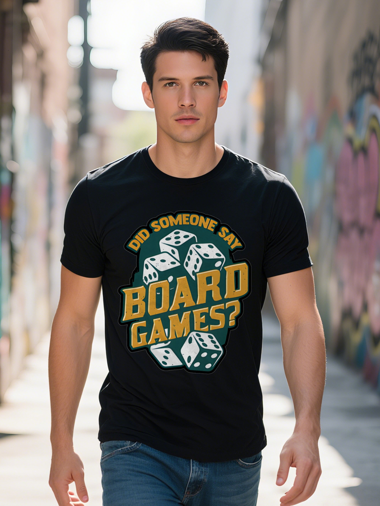 Men S Casual Did Someone Say Board Games Dice Print T Shirt Black Round Neck Short Sleeve Summer Tee with Vibrant