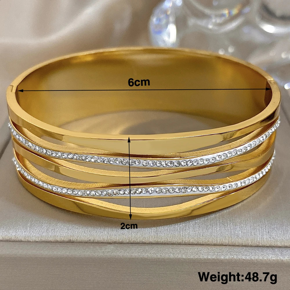 Freetry Multilayer Hollow Out Stainless Steel Wide Spring Bangle for Women Inlaid Zircon Open Bangle Bracelet Waterproof Jewelry 250812