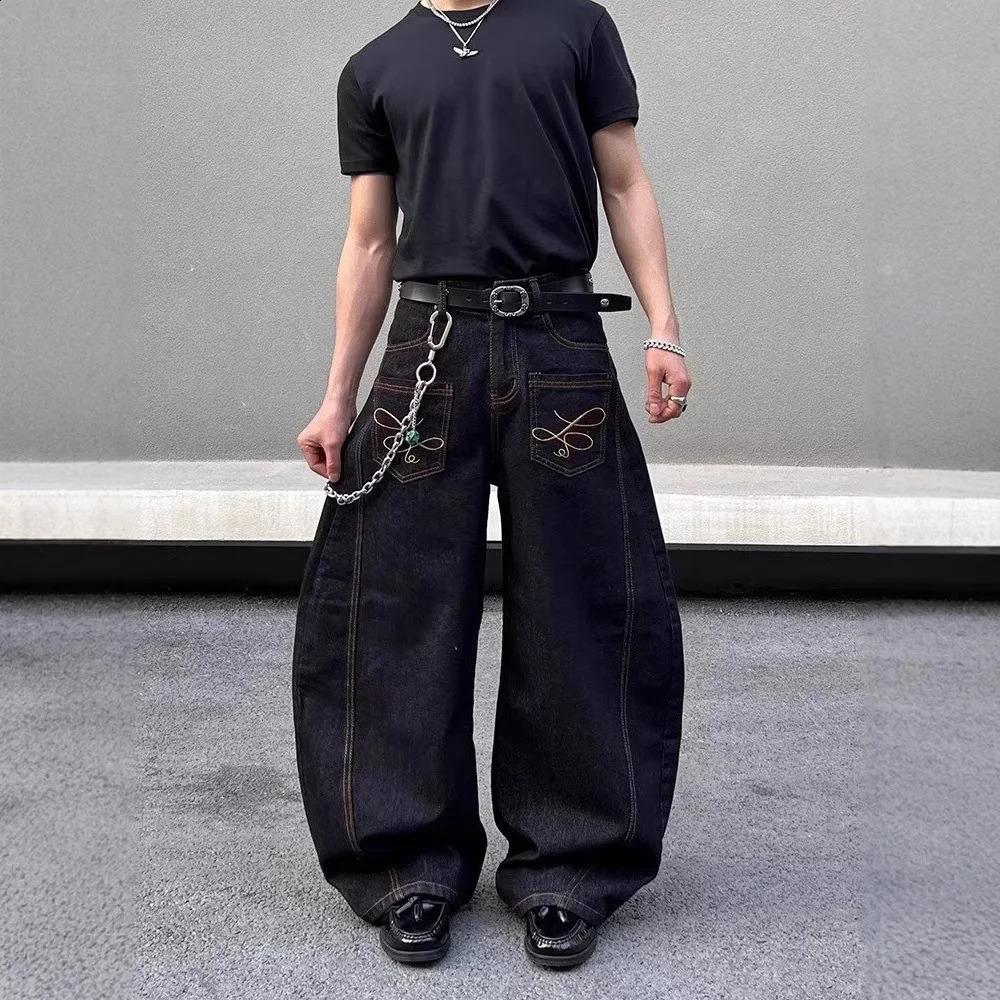 2025 Summer Mens Y2k Pocket Decoration Jeans Harajuku Retro Fashion Trend Street HipHop Casual Loose Niche Bottoms 250808
