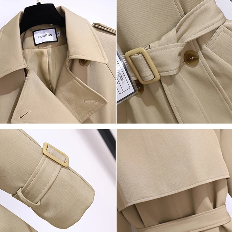 Women British Style Windbreaker Streetwear Double Breasted Trench Coats Elegant Autumn Winter Khaki Or Black Jackets 250811