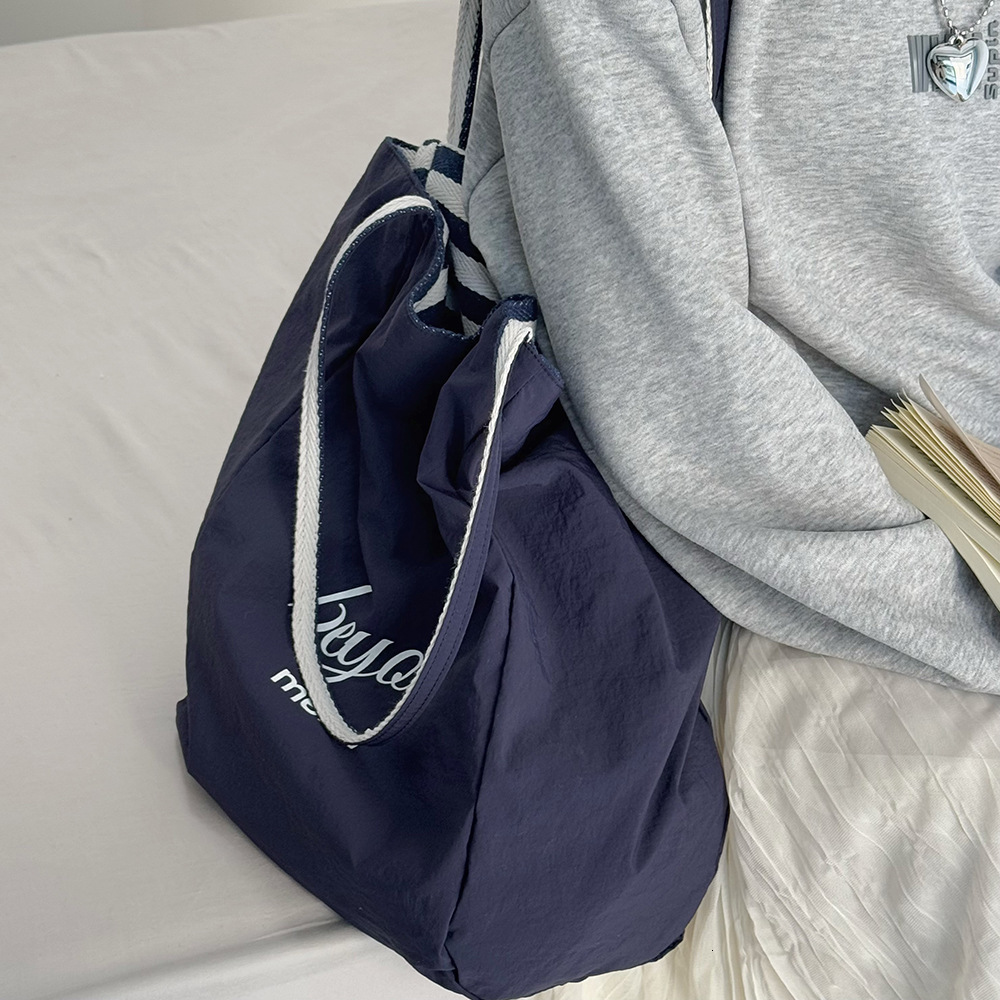 Double-Sided Striped Canvas Korean INS Lazy Style Large Capacity Shoulder Tote Student Casual Shopping Bag for Women ddmymarket