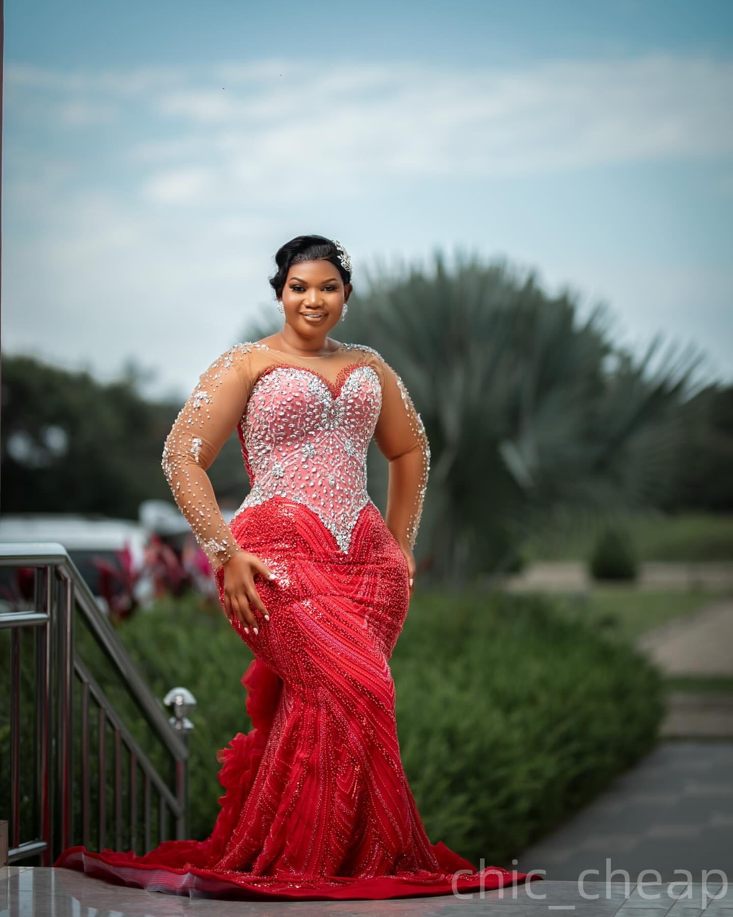 Mermaid Red Prom Dresses 2025 Beaded Crystals Luxurious Full Sleeves Evening Formal Party Second Birthday Engagement Gowns Plus Size Dress For Special