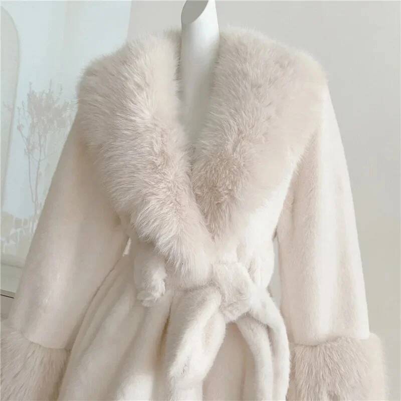 Winter Women Faux Furs Jackets Coats With Belt Elegant Waist Hing Slimming Fur Big Collar Thickened Warm Outerwear