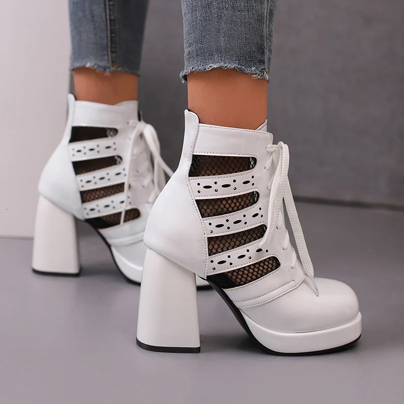 Breathable Mesh Patchwork Glossy Patent Leather Lace Up Womens Short Boots Platform Ultra-High Thick Heel Hollow Ankle Boots 250812