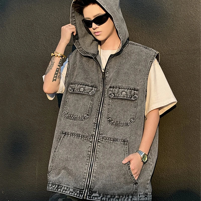 Men Sleeveless Denim Vest Summer Japanese Zipper Casual Loose Hooded Tops Fashion Versatile Black Handsome Pockets Coat 250805