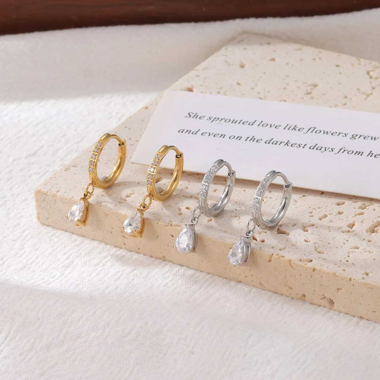 Delicate Shiny Inlaid Zircon Water Droplets Stud Earrings 18K Golden Plated Stainless Steel High Quality Waterproof Jewelry Y250812