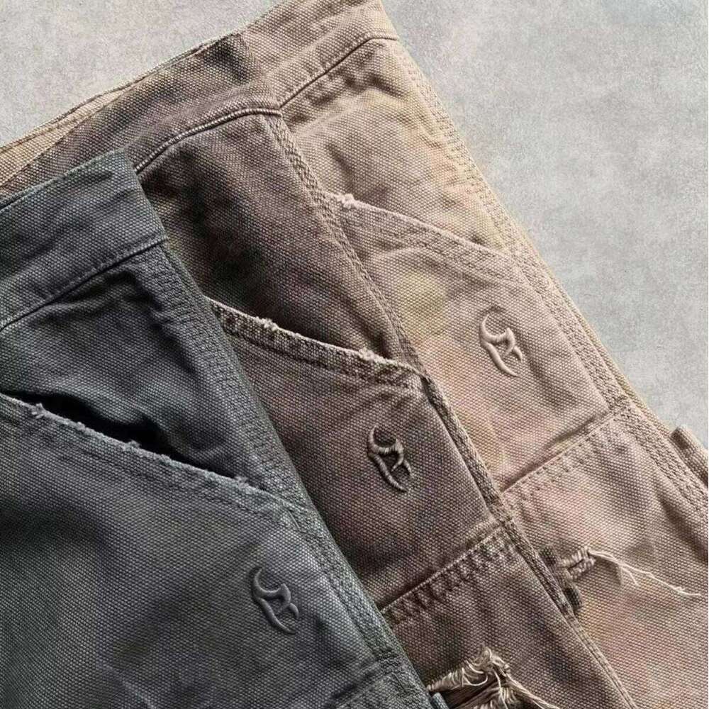 American European Men's Vintage Print Mid-Waist High-Waist Light-Colored Wash Embroidery Oversized Denim Shorts for Summer