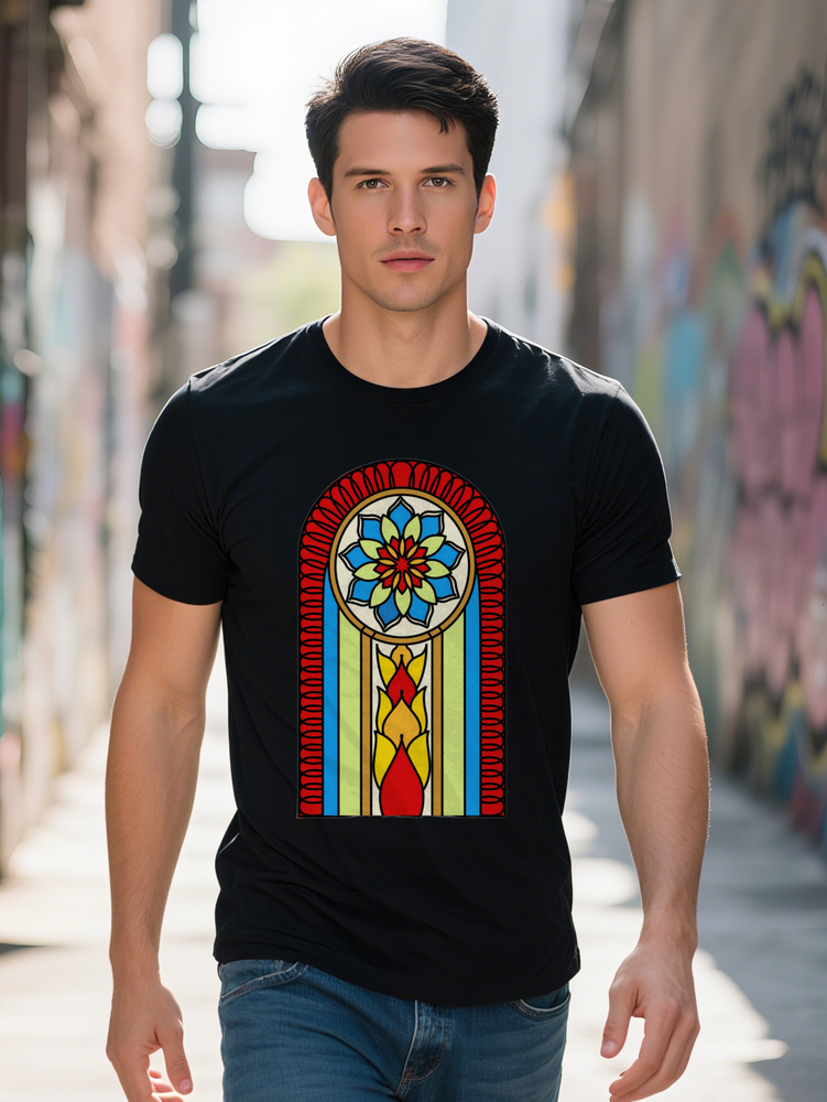 Men s Casual Crew Neck T Shirt Vibrant Stained Glass Mandala Short Sleeve Summer Wear Black with Colorful Floral