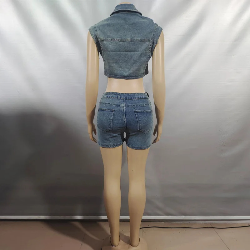 Benuynffy Vintage Single Breasted Sleeveless Crop Denim Jacket and Button Fly Shorts Streetwear Women Two Piece Outfit Set 250806