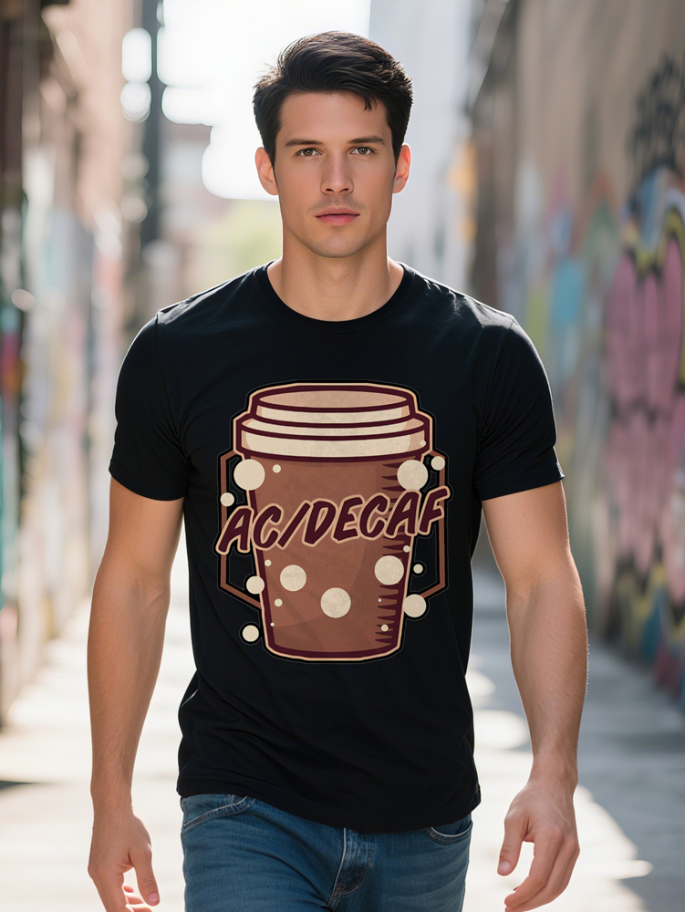 Men S Casual Crew Neck T-Shirt with Coffee Cup Print White Lid Design ACIDCAF Text Lightweight Fabric Summer Fashion