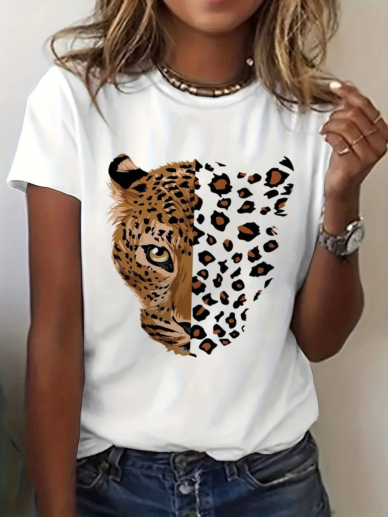 2025 Retro Animal Printed T-shirt for Women, Panther Tiger Animal Printed T-shirt, Short Sleeve Round Neck Casual Summer Women's trend Clothing D