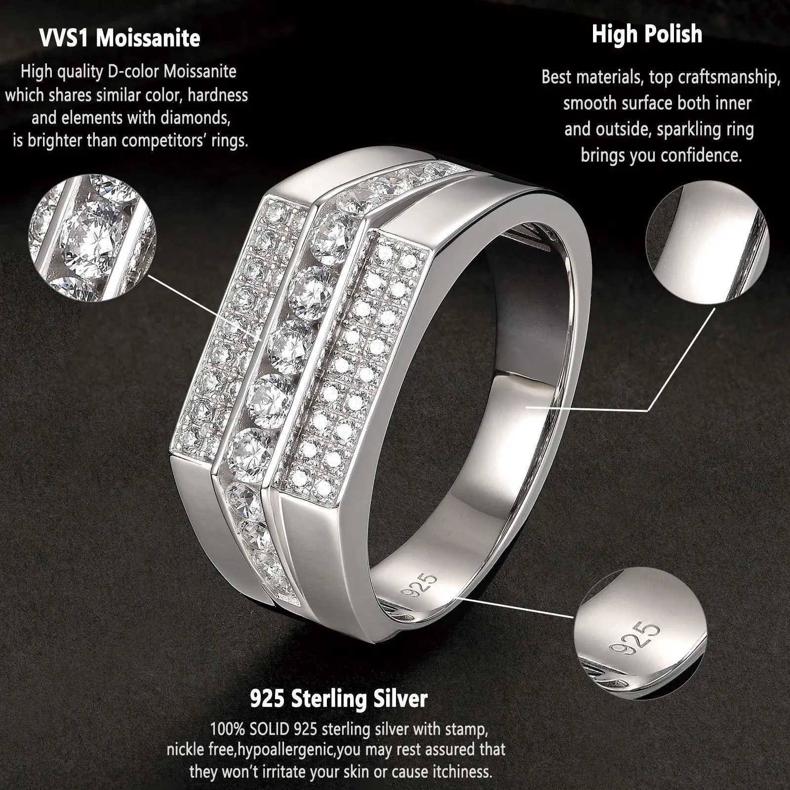 Newshe Full Moissanite Wedding Band For Men 925 Sterling Silver Engagement Rings Pave Brilliant Round Eternity Promise Ring W250812