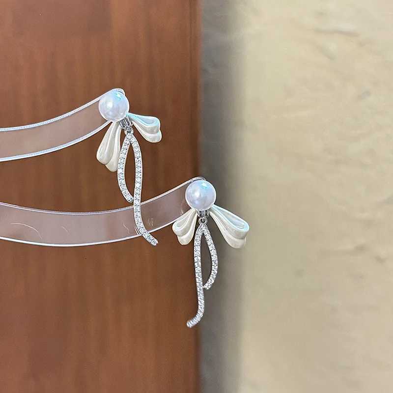 Korean Style Elegant Simple Bow Crystal Pearl Long Dangle Earrings for Women Fashion Luxury Rhinestone Sweet Jewelry Party Gifts Y250812