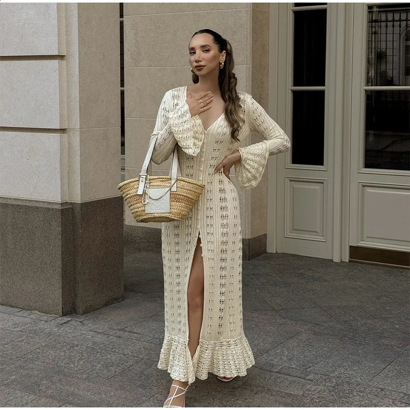 Elegant Knitted Hollow Out Long Dress Women Beach Ruffle Single-breasted Flare Sleeve Cardigan Robe Female Fashion Solid Dresses 250805