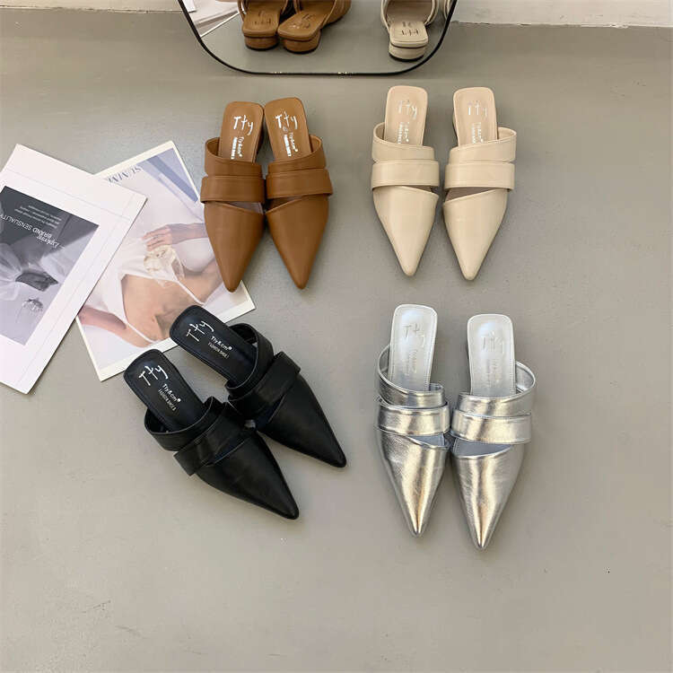 Tty Pointed Fashion Designer shoe Closed Toe Half Slippers 2025 Summer Korean Style Backless Single Shoes Thick Low Heel Hollow Out Sandals